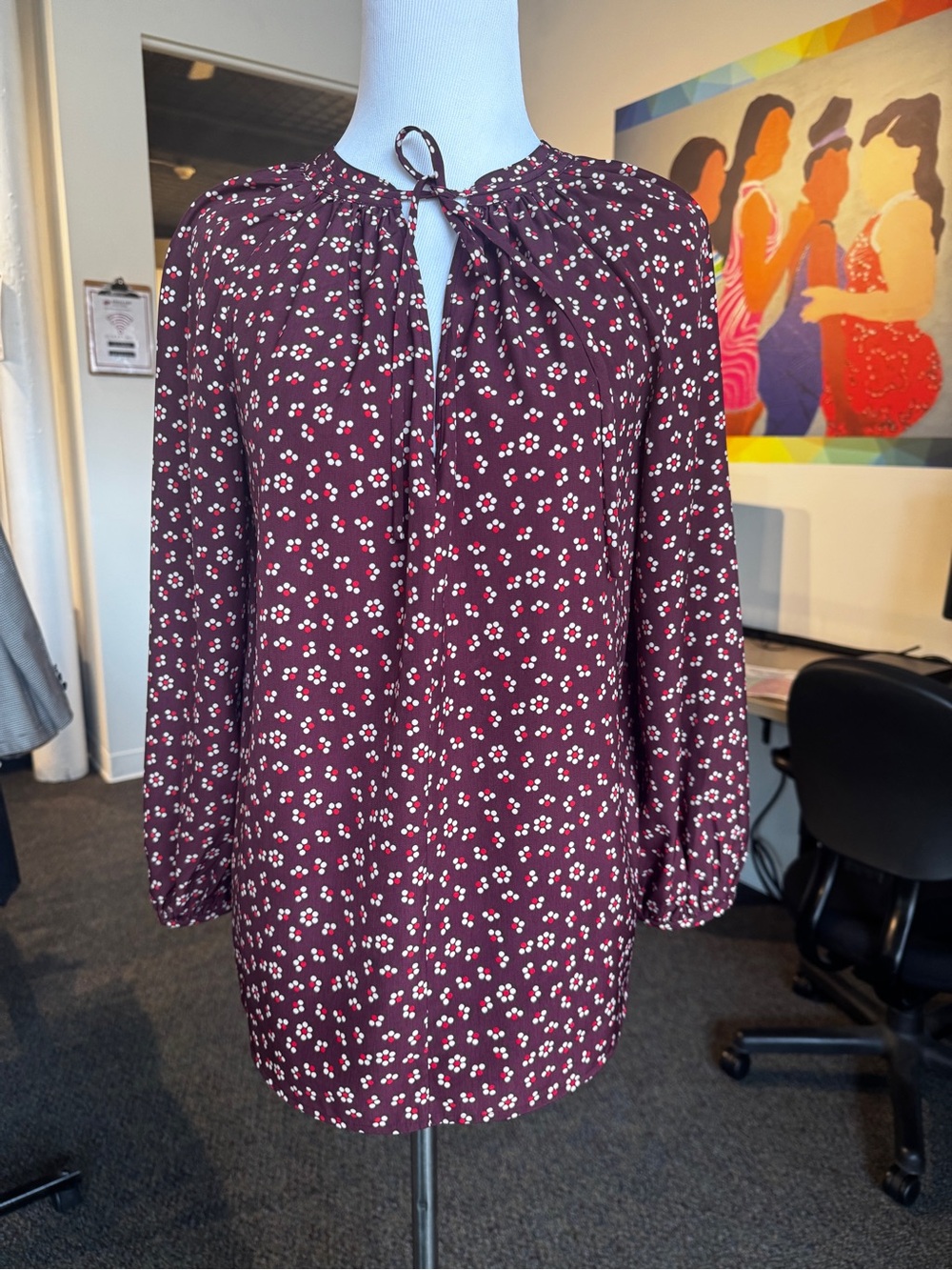 Boden Burgundy Floral Tie-Neck Blouse